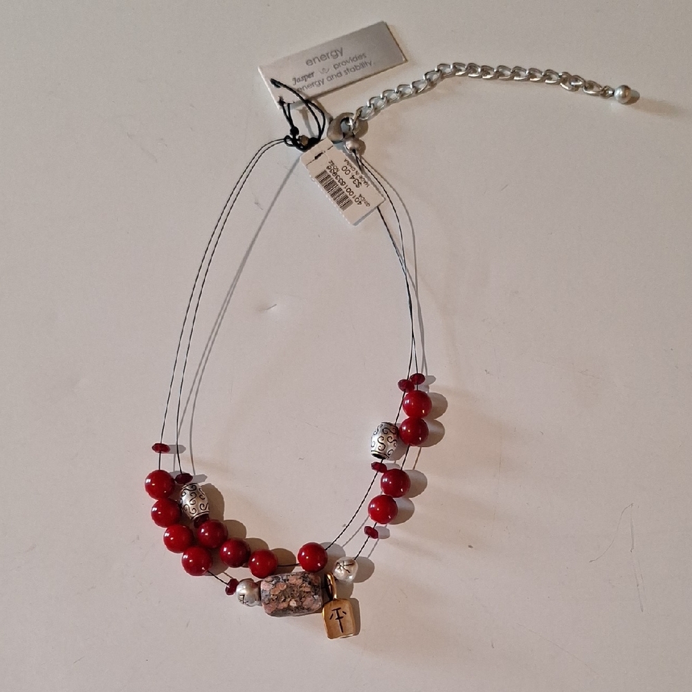 Chico's Red and Silver Necklace with Vibrant Beads